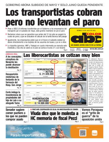 Tapa del diario ABC COLOR del viernes, 18 de julio del 2025
