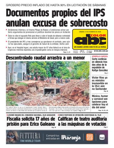 Tapa del diario ABC COLOR del sábado, 14 de febrero del 2026