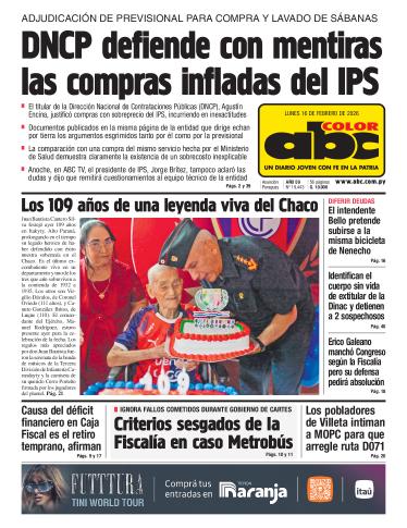Tapa del diario ABC COLOR del lunes, 16 de febrero del 2026
