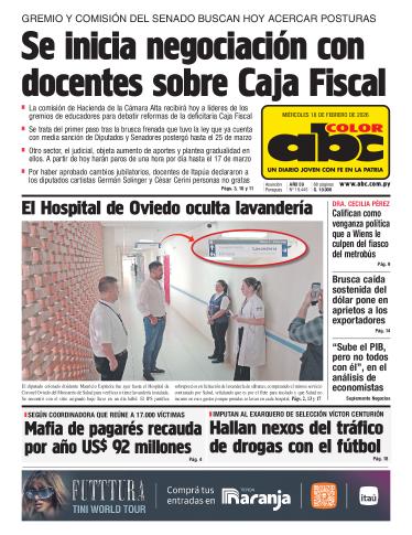 Tapa del diario ABC COLOR del miércoles, 18 de febrero del 2026