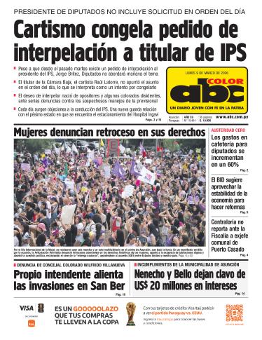 Tapa del diario ABC COLOR del lunes, 09 de marzo del 2026