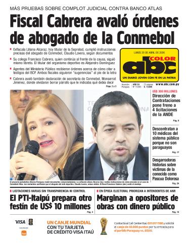 Tapa del diario ABC COLOR del lunes, 20 de abril del 2026