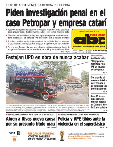 Tapa del diario ABC COLOR del martes, 21 de abril del 2026
