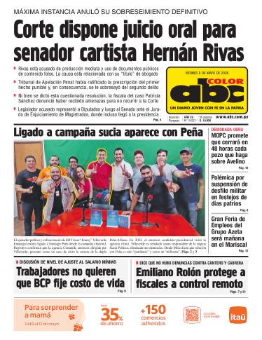 Tapa del diario ABC COLOR del viernes, 08 de mayo del 2026