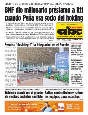 Tapa del diario ABC COLOR del martes, 15 de septiembre del 2026