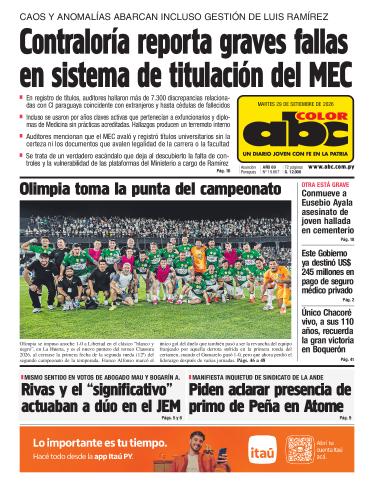 Tapa del diario ABC COLOR del martes, 29 de septiembre del 2026