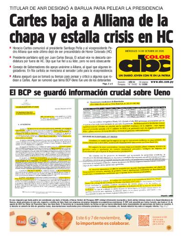 Tapa del diario ABC COLOR del miércoles, 14 de octubre del 2026