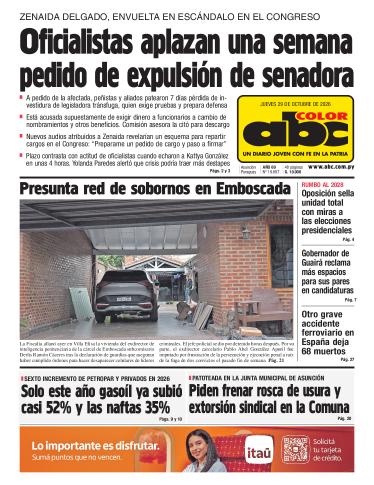 Tapa del diario ABC COLOR del jueves, 29 de octubre del 2026